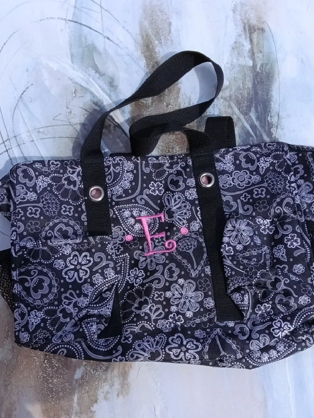 Black Vintage Paisley Tote with Pink Monogram, By Thirty One - Picture 2 of 6